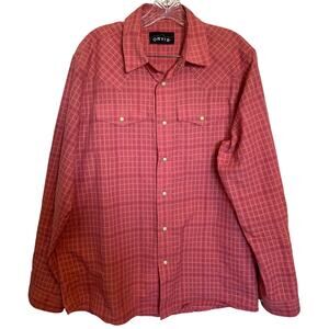 Orvis Men's Medium Pearl Snap orange/red Plaid Long Sleeve Shirt M